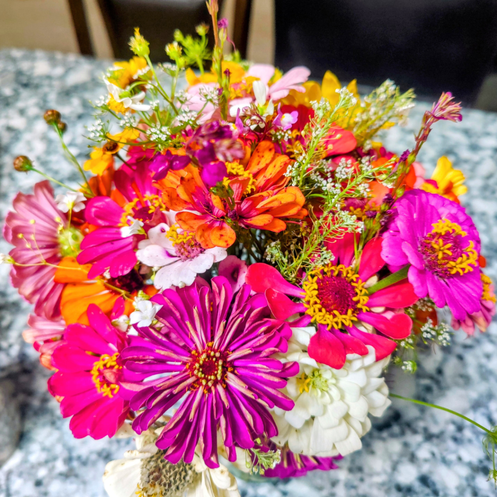 Fresh Zinnias, wildflowers, baby's breath, greenery and sunflowers make up this arrangement.  All flowers were picked at Hunsader Farms. 