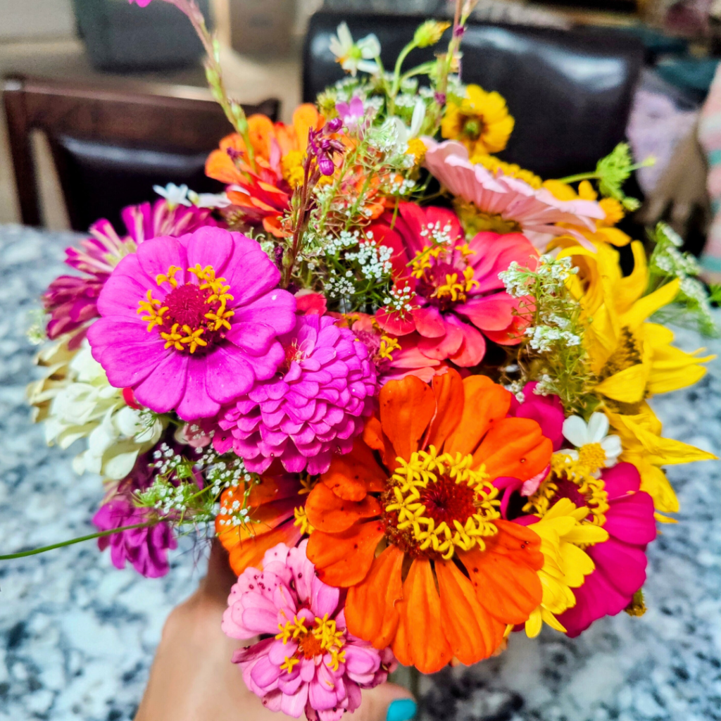 Fresh Zinnias, wildflowers, baby's breath, greenery and sunflowers make up this arrangement.  All flowers were picked at Hunsader Farms. 