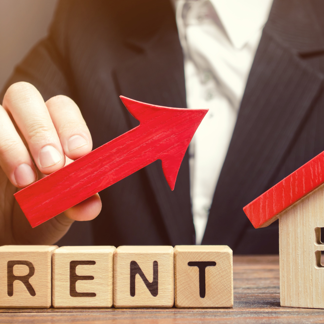 Letter blocks forming the word rent with an upward arrow showing rising rent costs. Renting vs buying