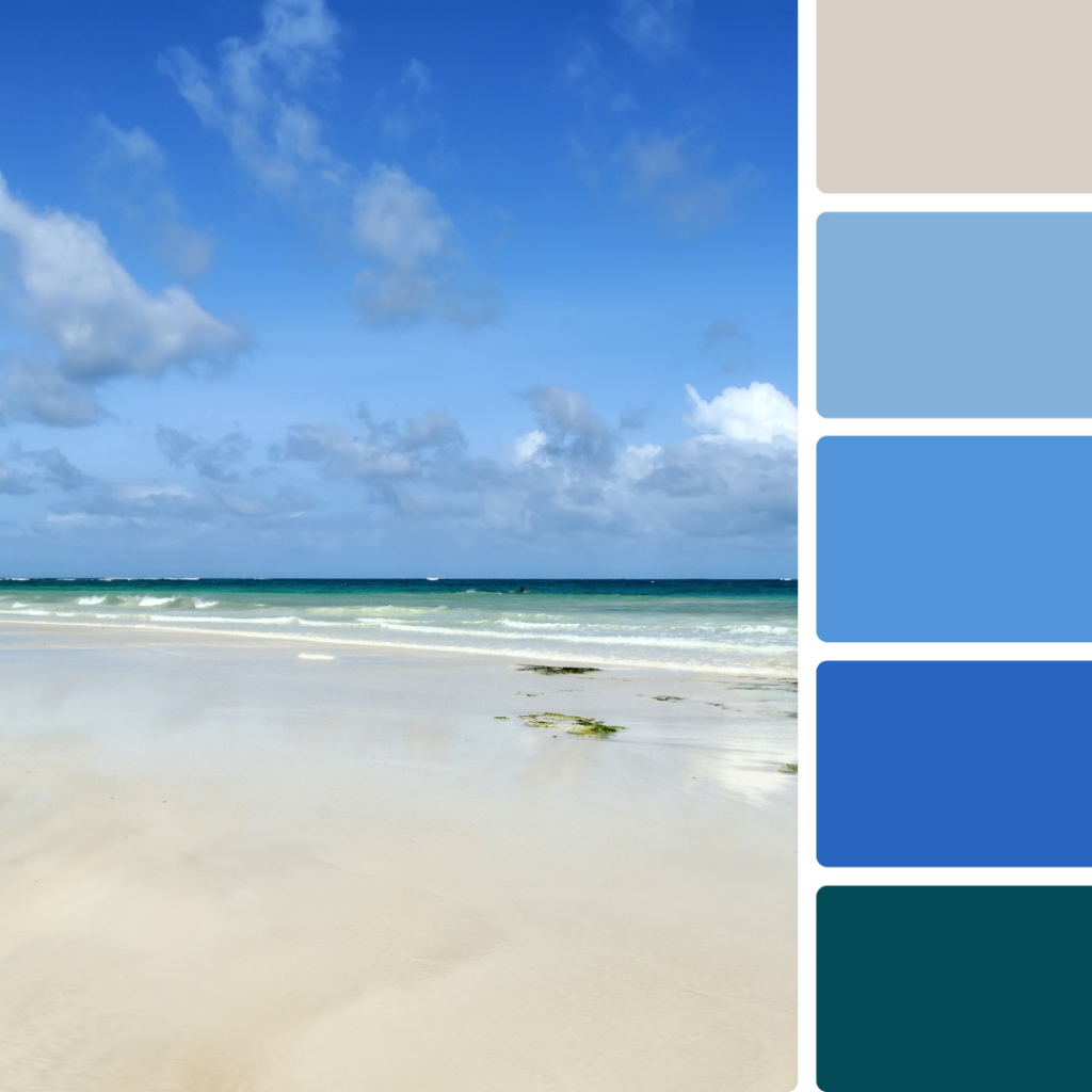 A coastal ocean palette with bright colors and a reference picture of the ocean and beach