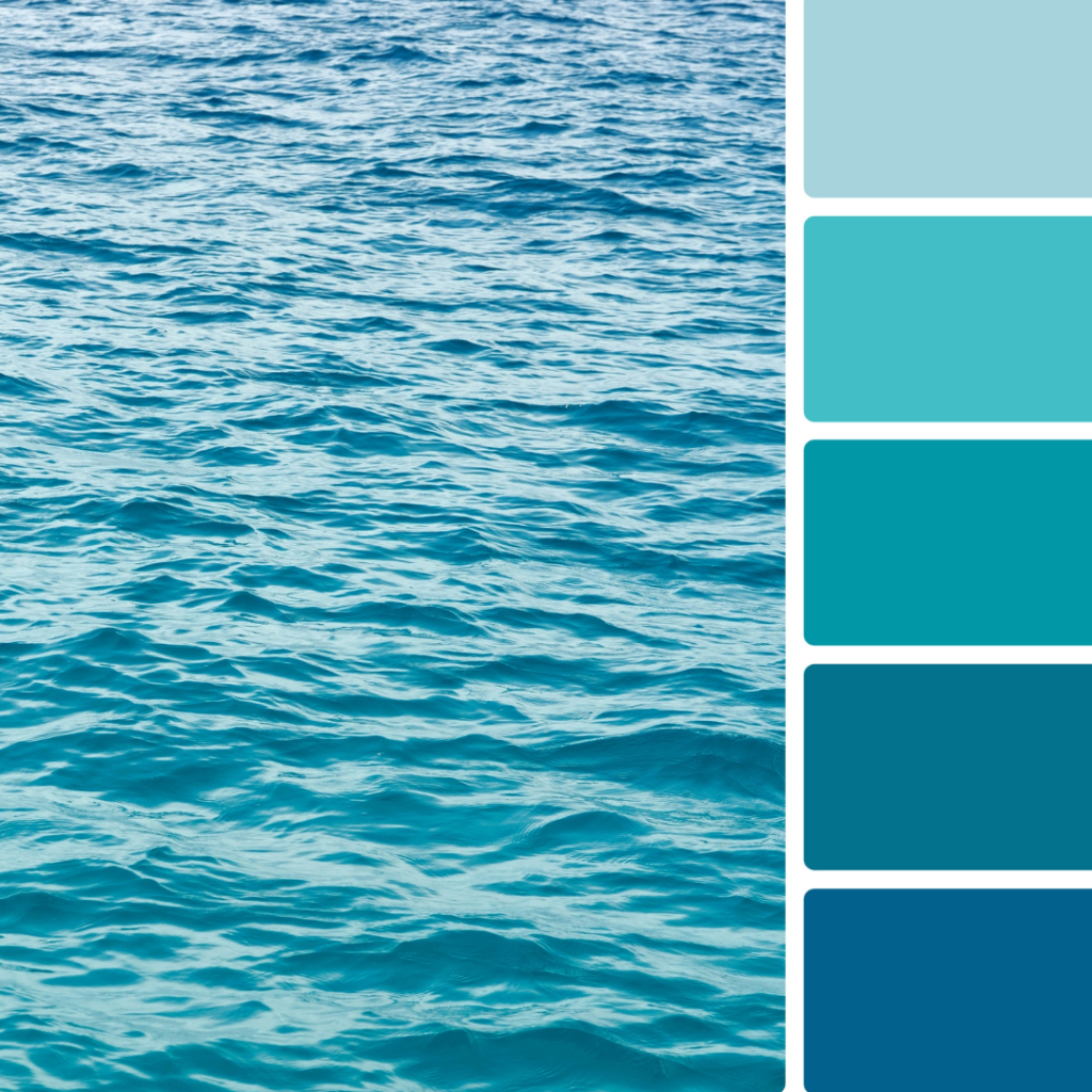 A coastal ocean palette with bright colors in the blue to teal spectrum Picture of the ocean for reference.