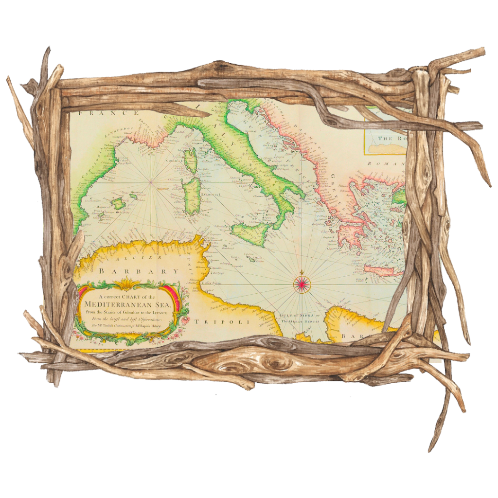 A map of the Mediterranean Sea in a Driftwood Frame